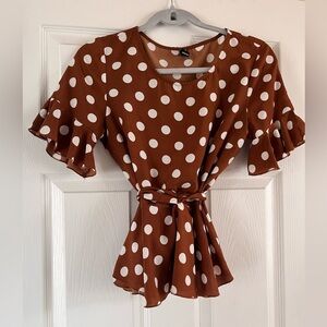 Windsor blouse brown and white Polka Dot Ruffle Sleeve Top